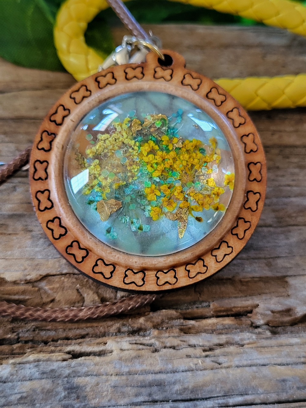 Handmade Yellow Wood Floral Pendant Under Glass Necklace
